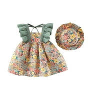KDFJPTH Vintage Boho Flower Dresses Baby Girls Summer Ruffles Sleeveless Toddler Princess Dresses Beach Sundress With Sun Hat